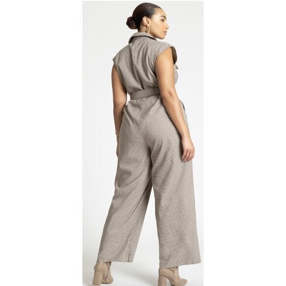 ELOQUII Belted Wide Leg Sleeveless Jumpsuit in Tan Plaid - Size US 24 - Picture 2 of 15